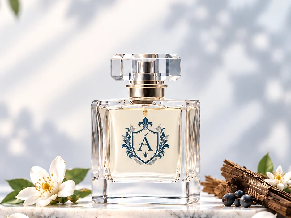 Frasco de perfume Áurea em composição editorial com flores e madeira