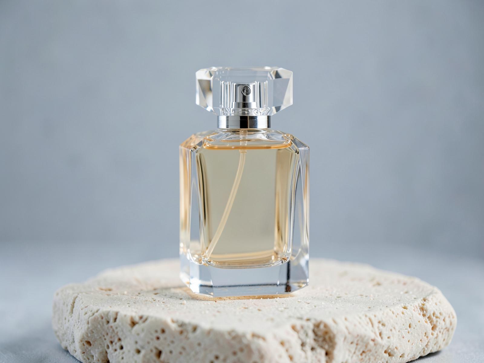 Frasco de perfume Áurea em composição editorial